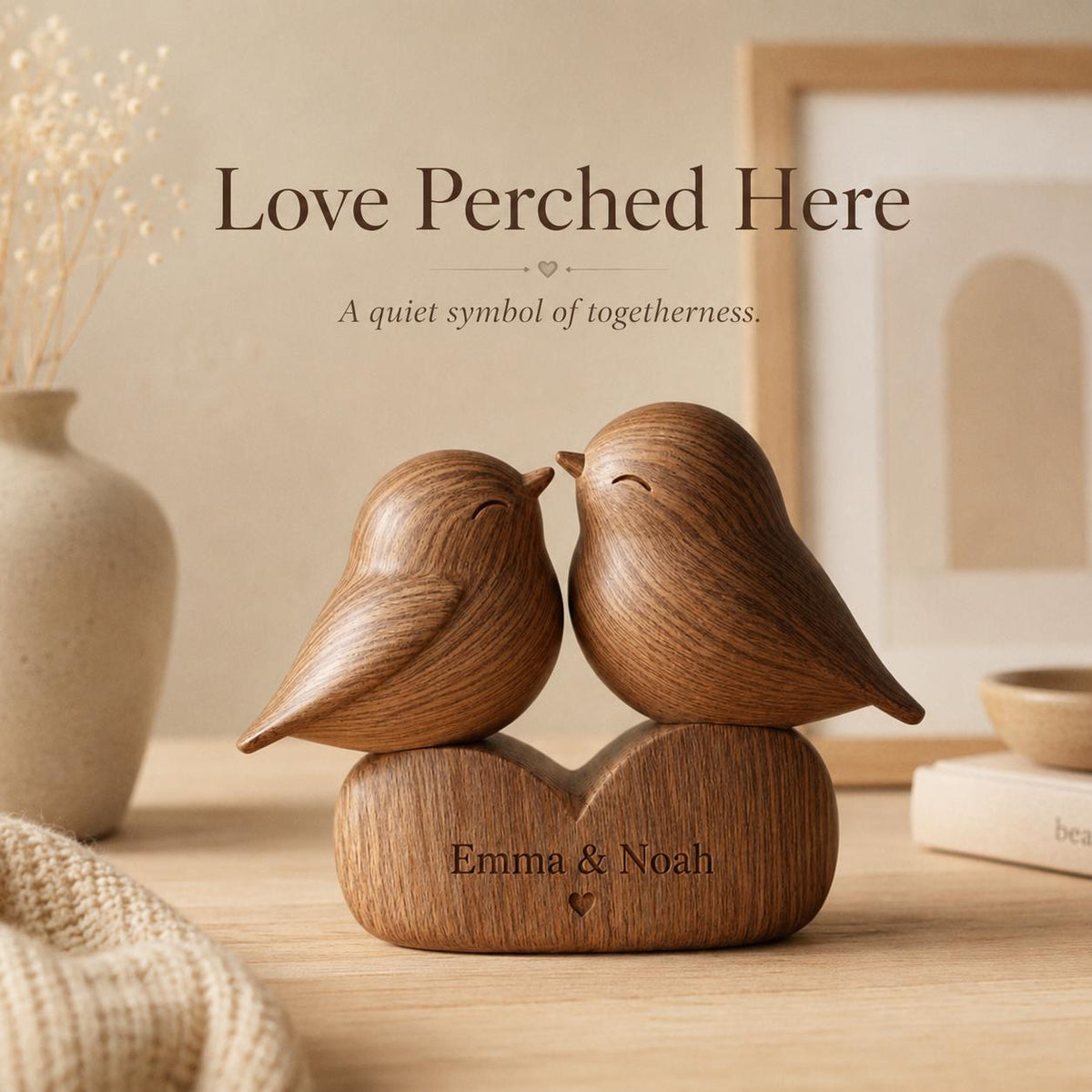 Walnut lovebirds sculpture, view 1