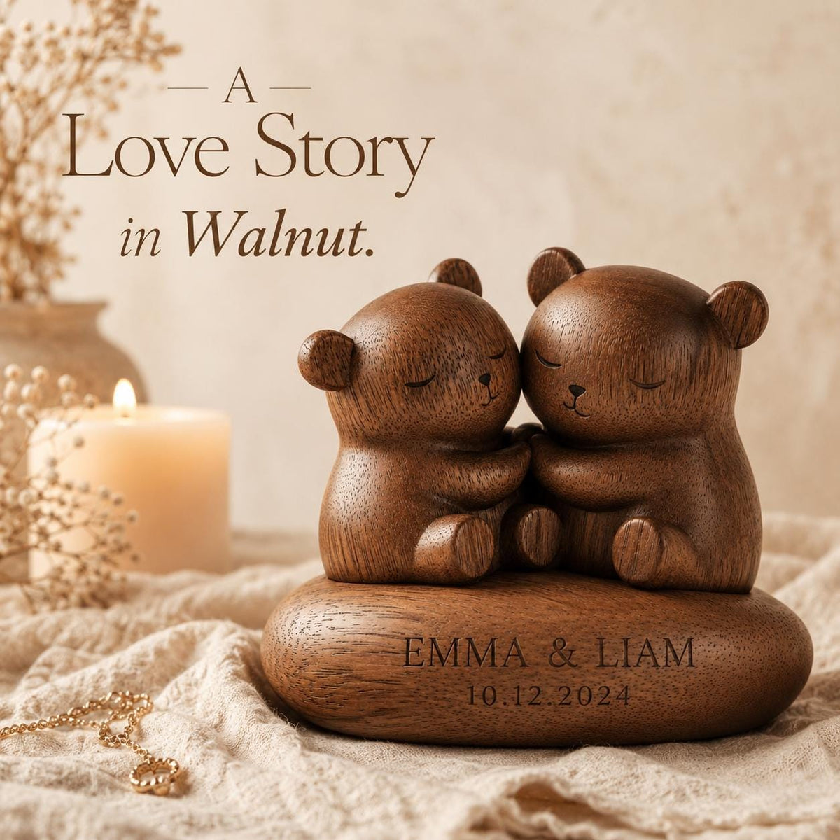 Solid Walnut Bear Couple Keepsake, Anniversary Wedding Gift, Organic Pebble Base