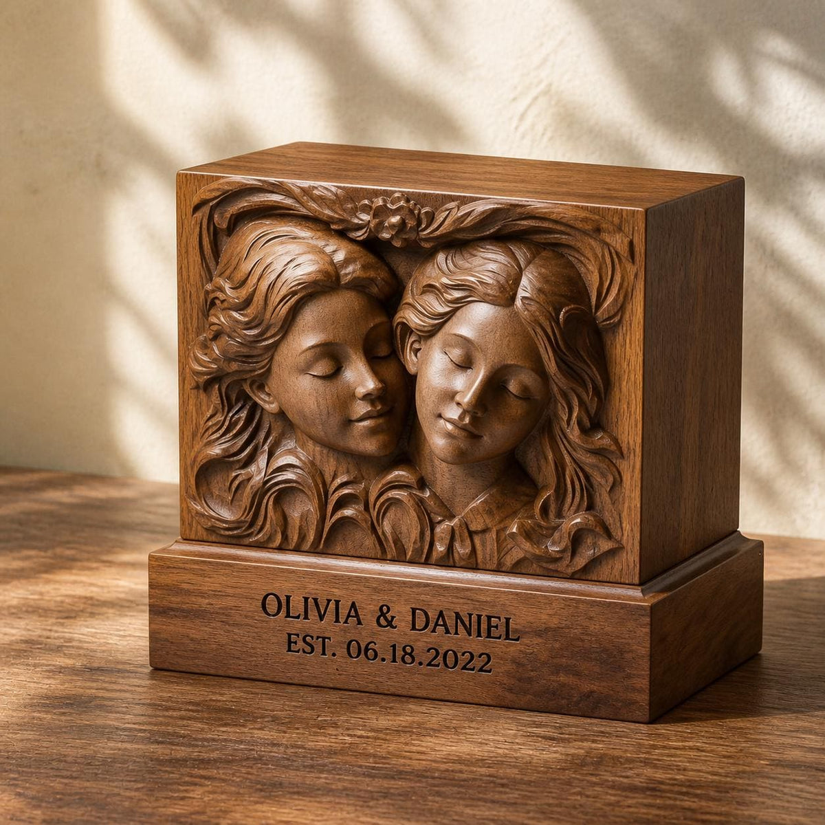 Personalized Sister Gift or Same Sex Wedding Present, Two Sleeping Faces Relief Portrait, 3D Solid Walnut Wood Framed Ke