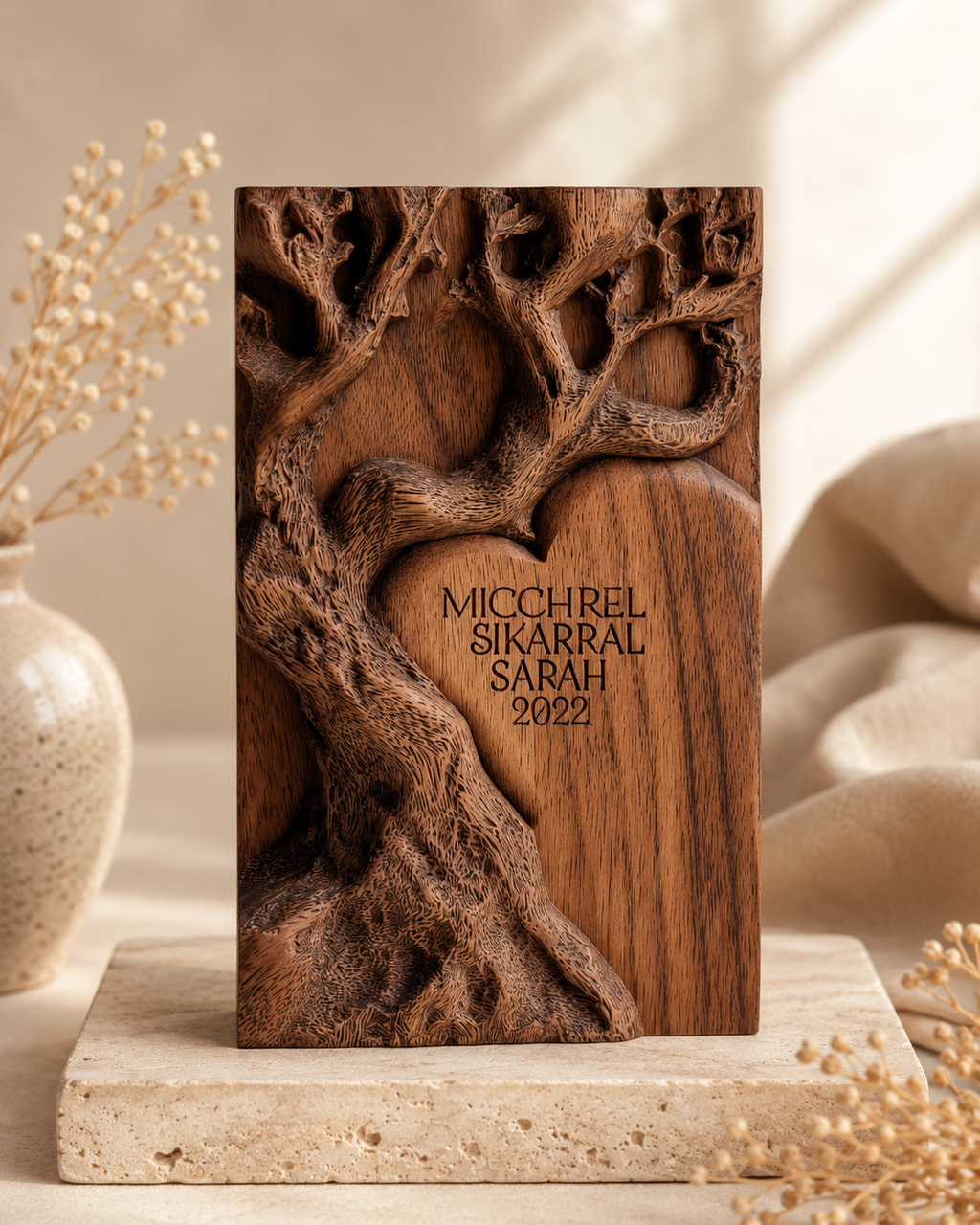 Walnut Carved Tree Heart Block — angle 2