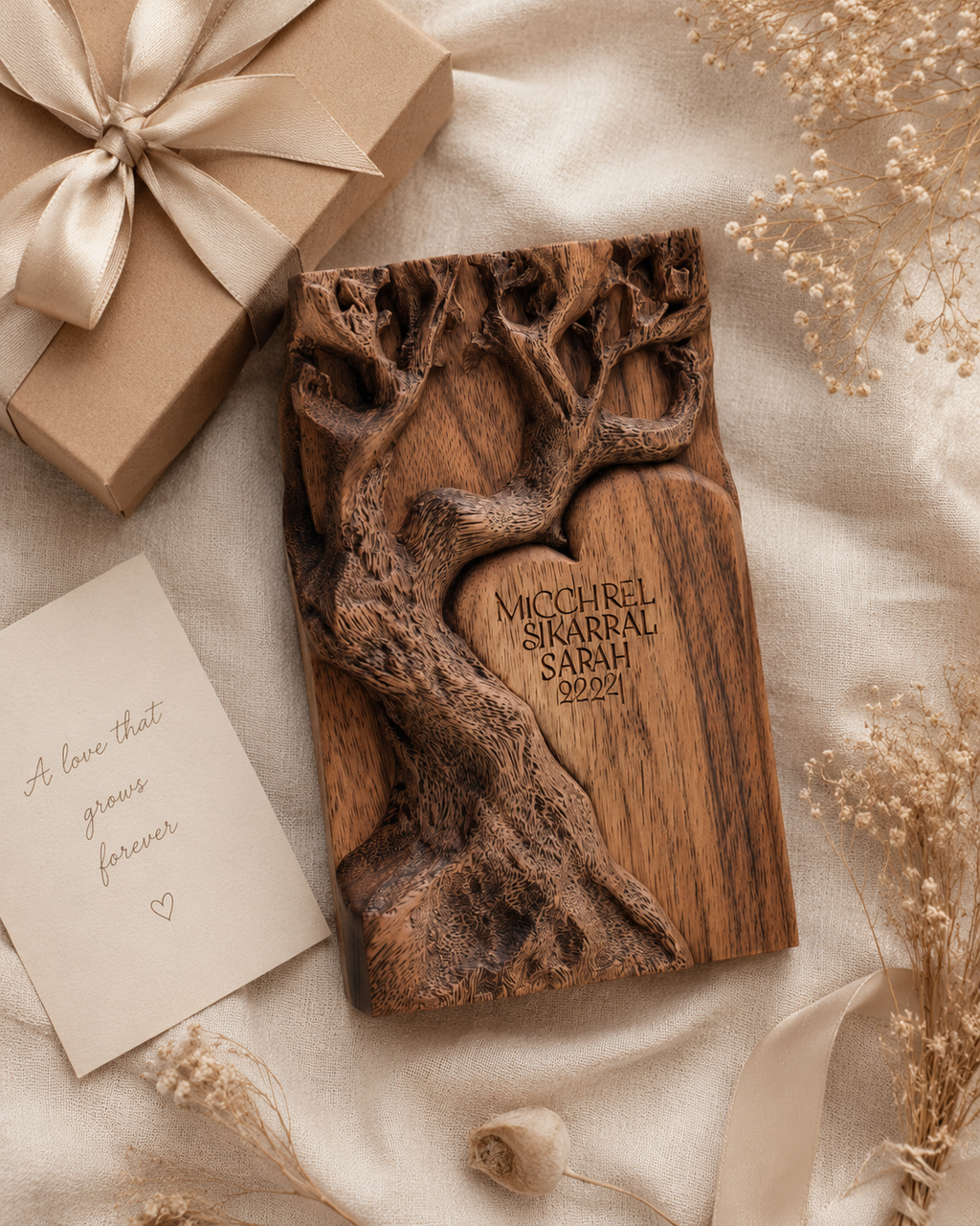 Walnut Carved Tree Heart Block — angle 4