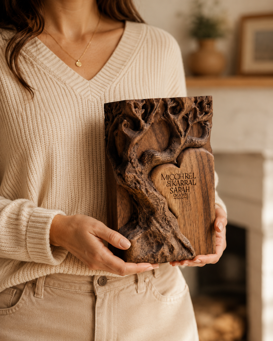 Walnut Carved Tree Heart Block — angle 7