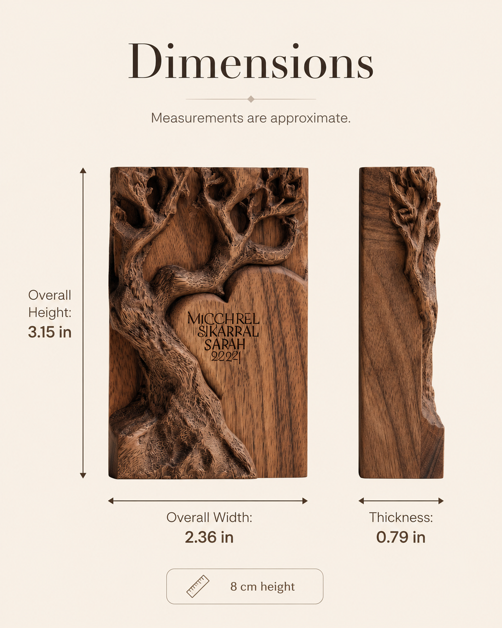 Walnut Carved Tree Heart Block — angle 8