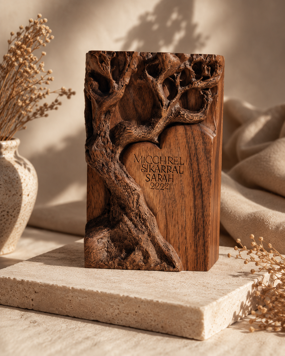 Walnut Carved Tree Heart Block II — angle 3