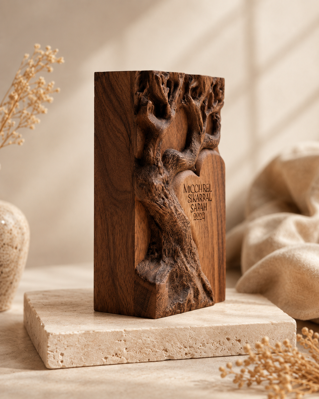 Walnut Carved Tree Heart Block II — angle 5