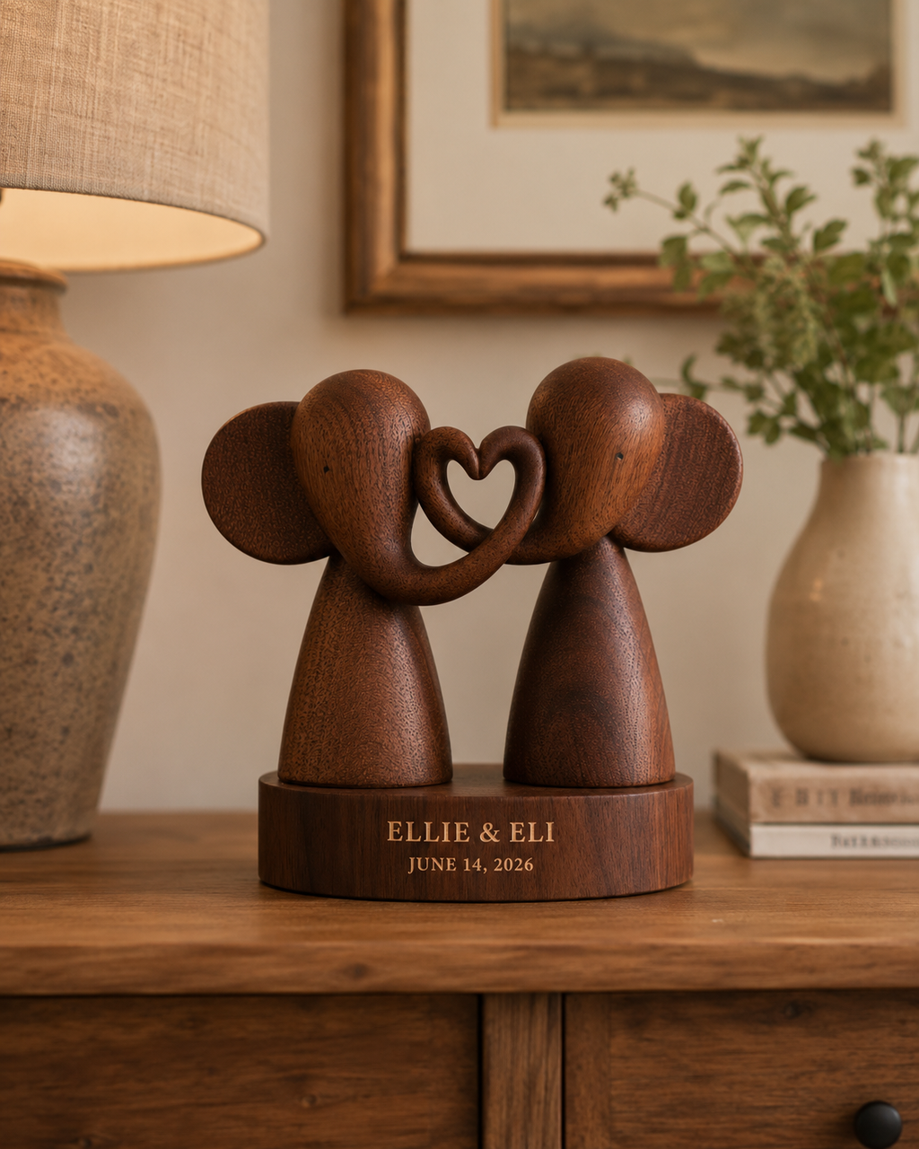 Walnut Elephant Couple Heart Trunk — angle 7
