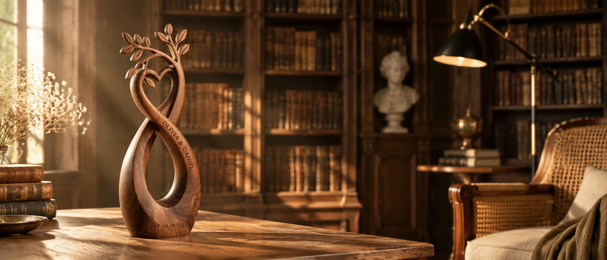 Kindred Wooden Infinity Heart Sculpture — real SKU editorial banner desktop