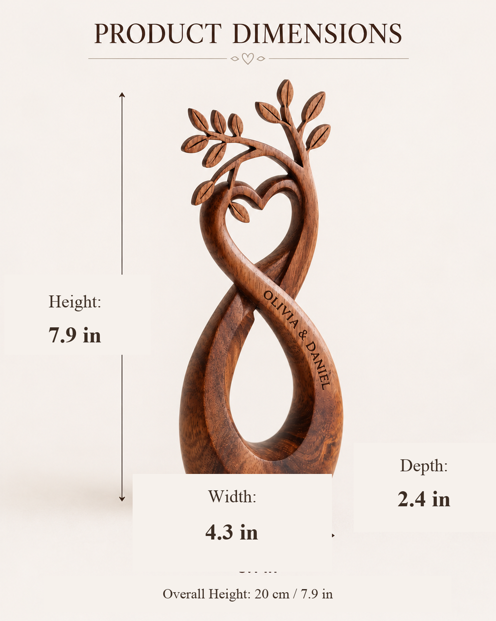 Walnut infinity heart product dimensions, 7.9 inches tall by 4.3 inches wide by 2.4 inches deep, 20 cm overall height