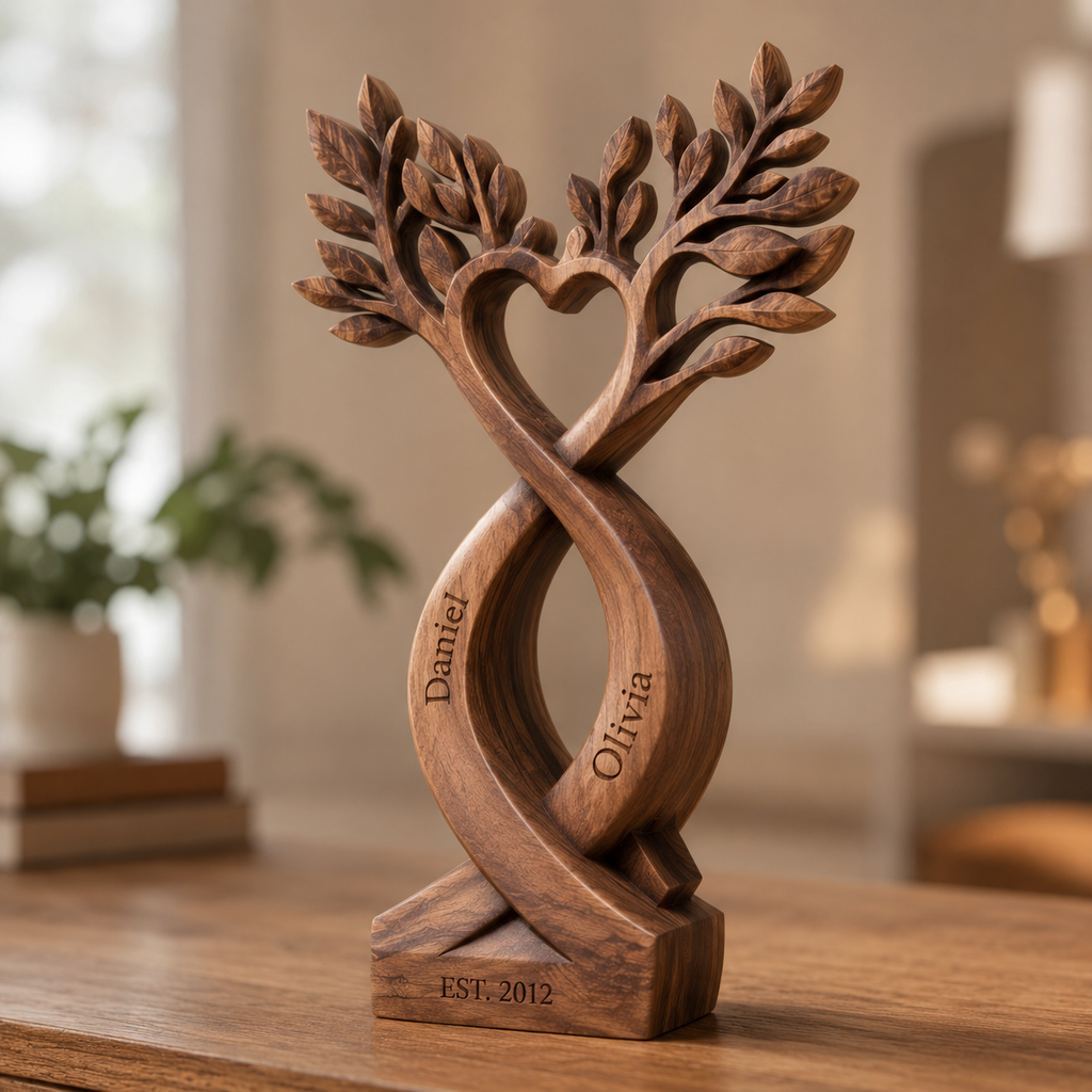 Walnut infinity tree sculpture with heart on wooden shelf