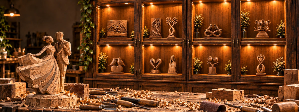 Kindred Wooden workshop — full sculpture display cabinet + carving bench